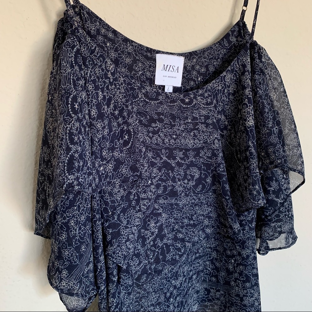 MISA Los Angeles dark blue floral ruffled tank top blouse size L - Picture 7 of 7